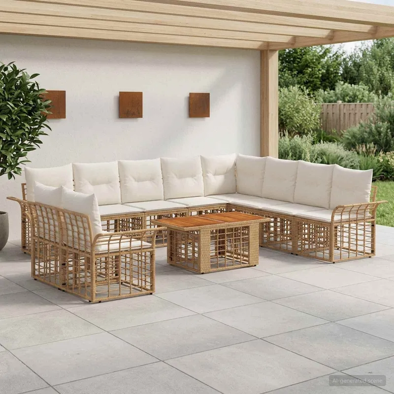 Ensemble de canapé de jardin 11 pc Blanc Naturel et Crème