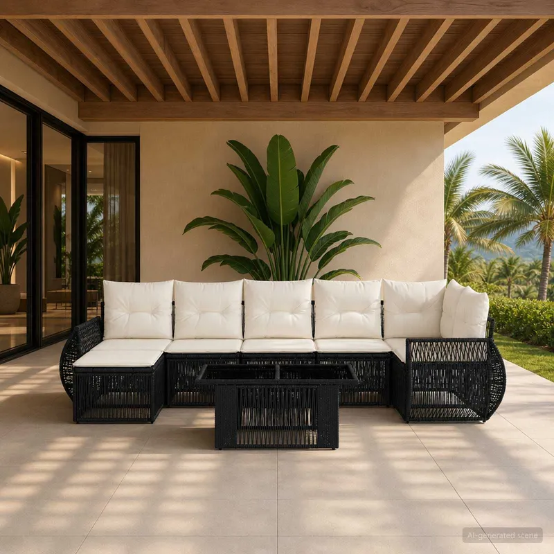 Gartensofa-set 8 stk. Schwarz und Cremeweiß Poly-Rattan