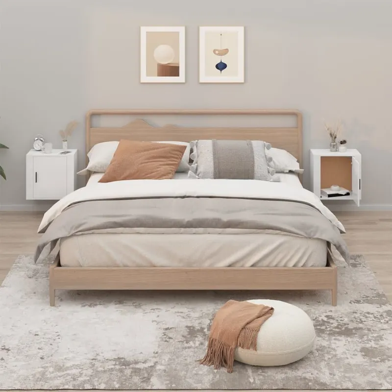 Set di 2 comodini a parete, Bianco lucido, 50x30x47 cm