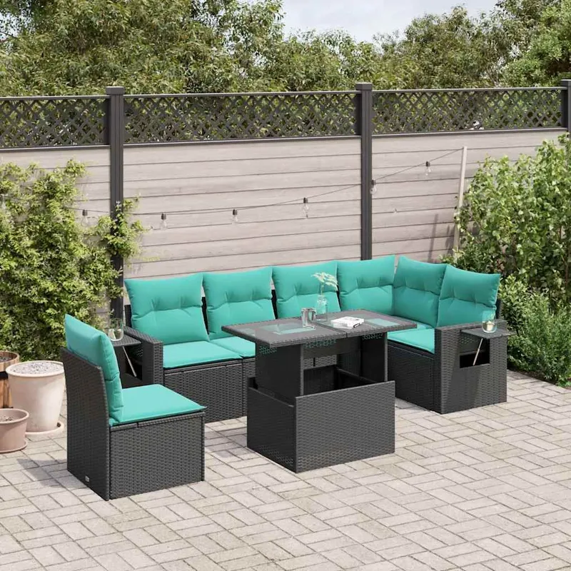 7 pezzi set divano da giardino con cuscini, nero polyrattan