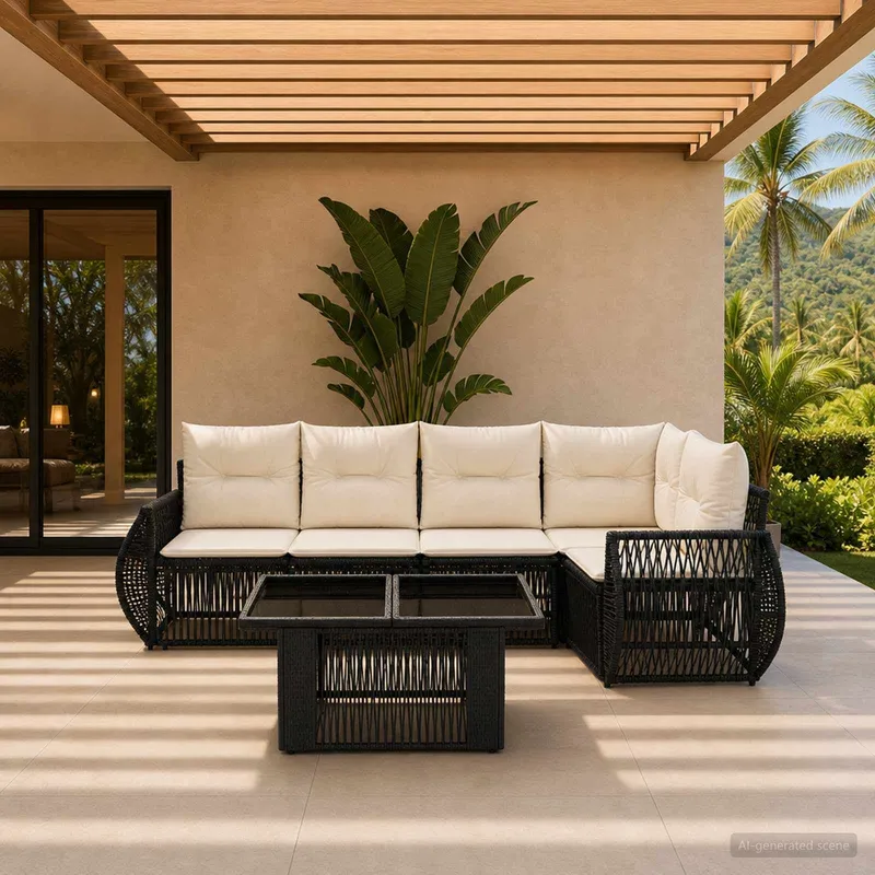 Ensemble de canapé de jardin 6 pc Noir et blanc crème polyrotin