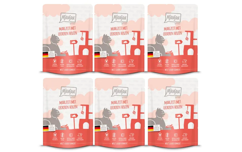 Mjamjam Nassfutter Quetschie Mahlzeit mit Herzen, 6 x 300 g