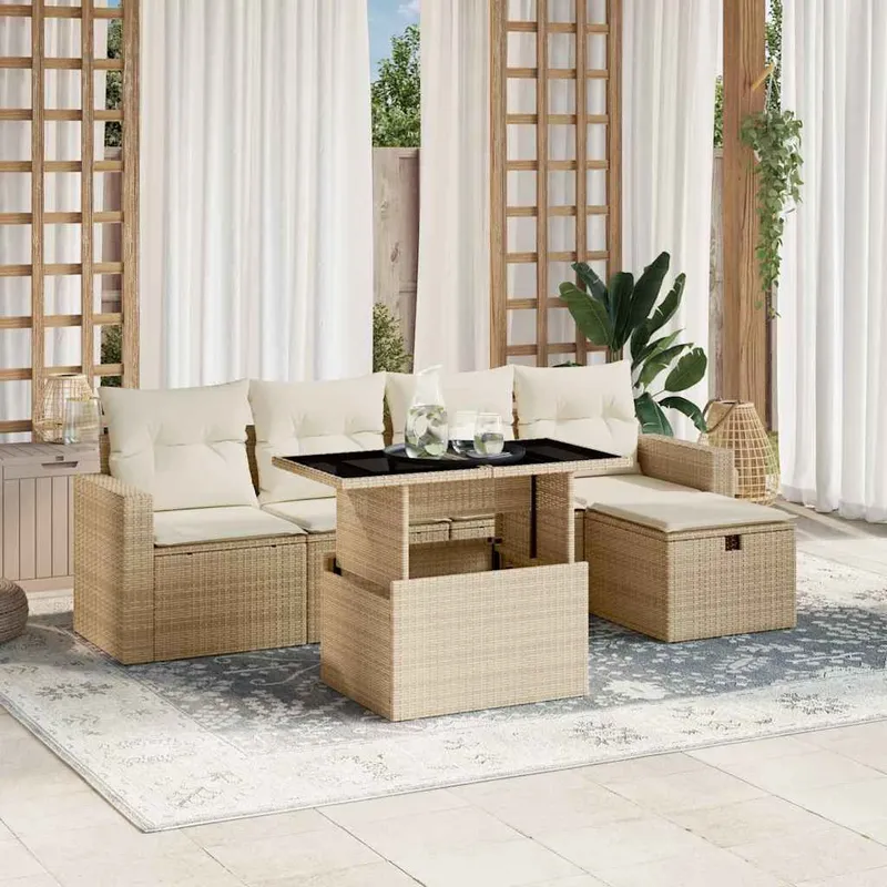 6-tlg. Garten-Sofagarnitur mit Kissen Beige Poly Rattan