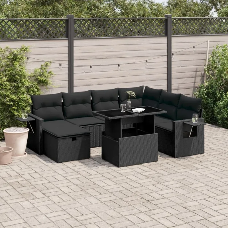 8-tlg. set divano da giardino con cuscini nero Poly Rattan