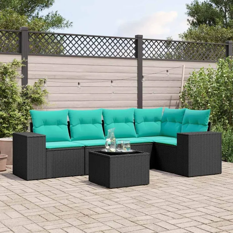 Ensemble de canapé de jardin 6 pcs avec coussins noir résine tressée