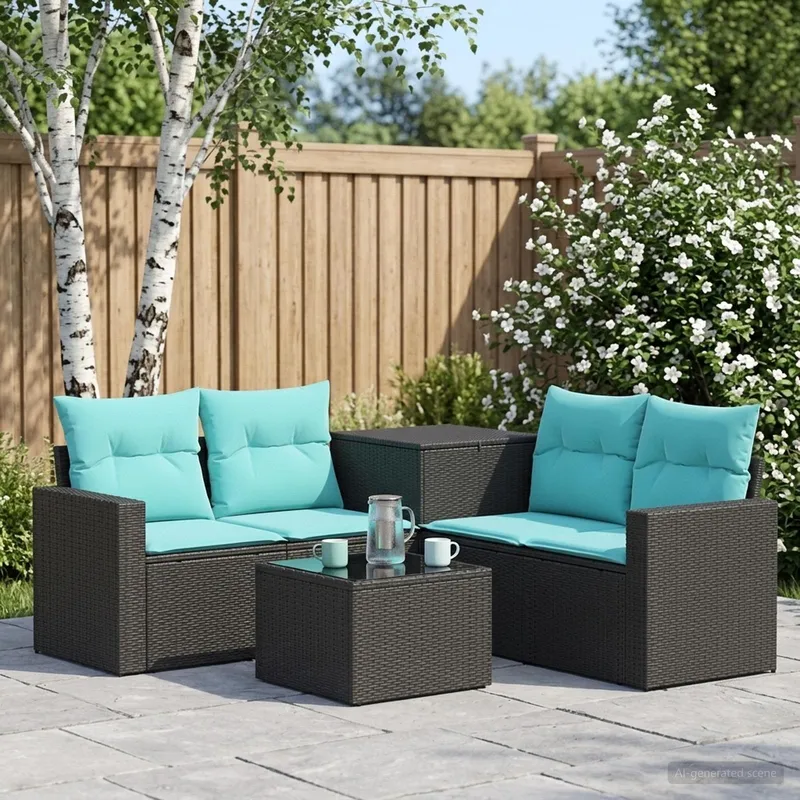 Sofa Set 6 stk. Schwarz und Blau Polyrattan und Stahl