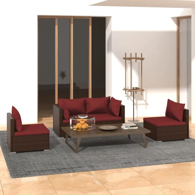 4-tlg. Garten-Lounge-Set mit Auflagen Poly Rattan Braun