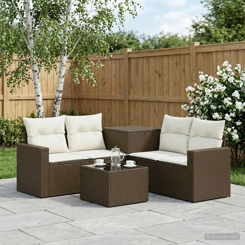 Sofa Set 6 stk. Braun und Creme Weiß Polyrattan und Stahl