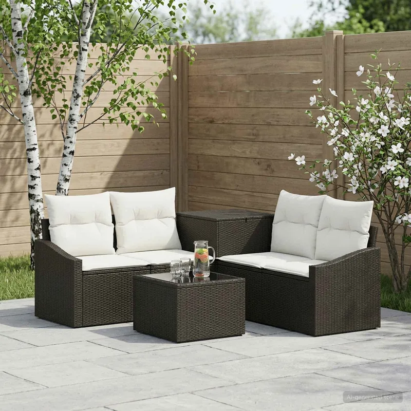 Sofa Set 6 stk. Schwarz und Cremeweiß Polyrattan und Stahl