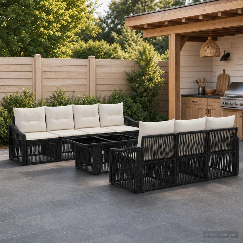 Gartensofa-set 8 stk. Schwarz und Cremeweiß Poly-Rattan