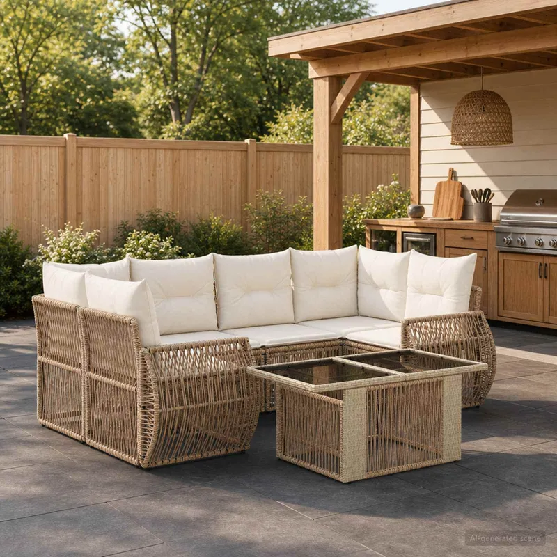 set divano da giardino 7 pz. beige e bianco crema polyrattan