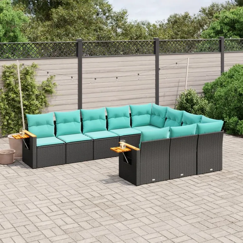 10-tlg. Garten-Sofagarnitur mit Kissen Schwarz Poly Rattan
