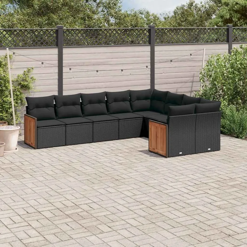 9-tlg. set divano da giardino con cuscini nero Poly Rattan