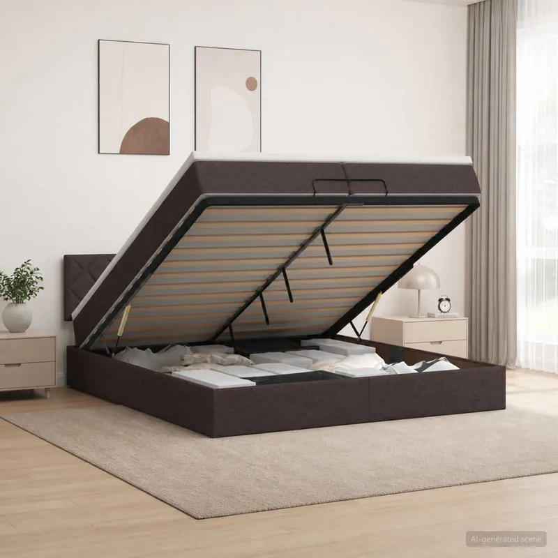 Ottoman Bett mit Matratze Dunkelbraun 200 x 200 cm Stoff