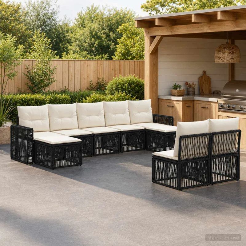 Gartensofa-set 9 stk. Schwarz und Cremeweiß Poly-Rattan