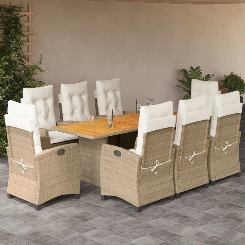 Ensemble à manger de jardin et coussins 9 pcs beige Poly rotin