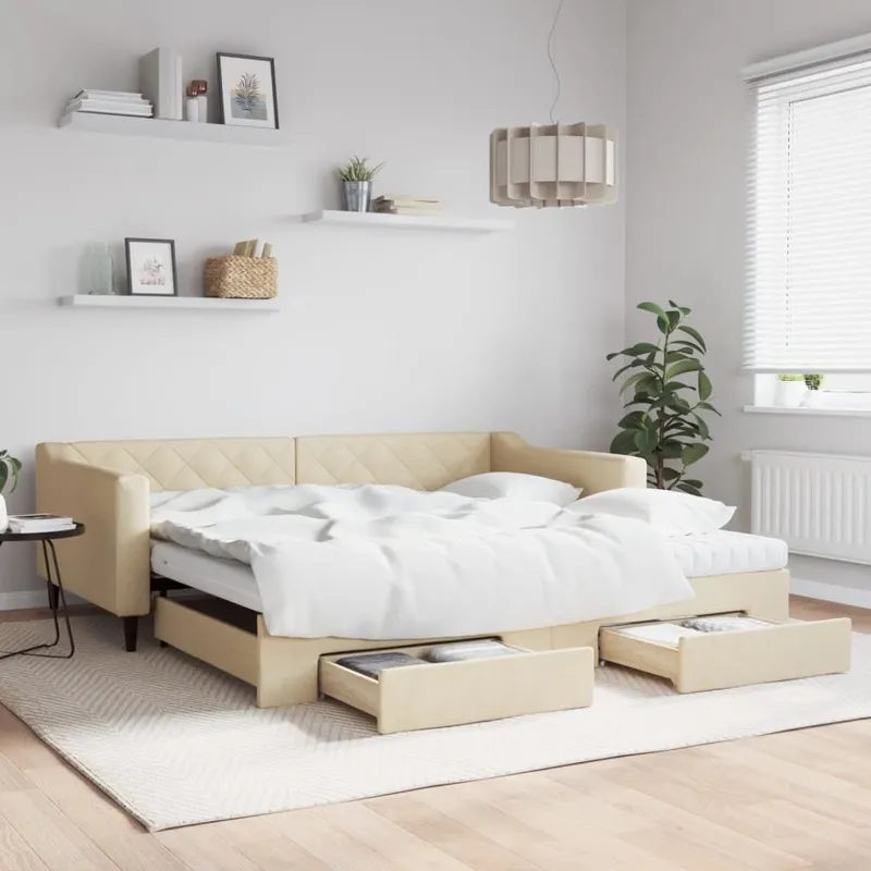 Tagesbett Ausziehbar mit Schubladen Creme 100x200 cm tessuto