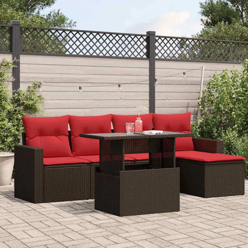 6-teiliges Gartensofa-Set mit Kissen, braun, Polyrattan