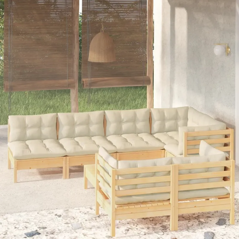 8-tlg. Garten-Lounge-Set mit Creme Kissen solid pine wood