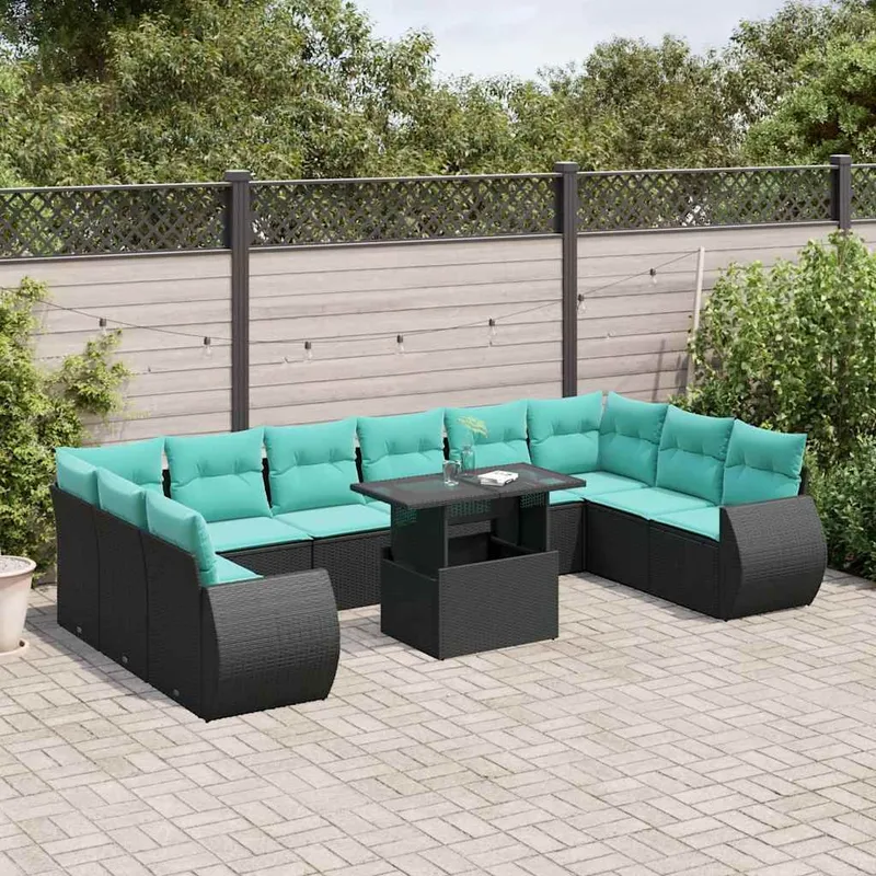 11-teiliges Gartensofa-Set mit Kissen, schwarzes Polyrattan