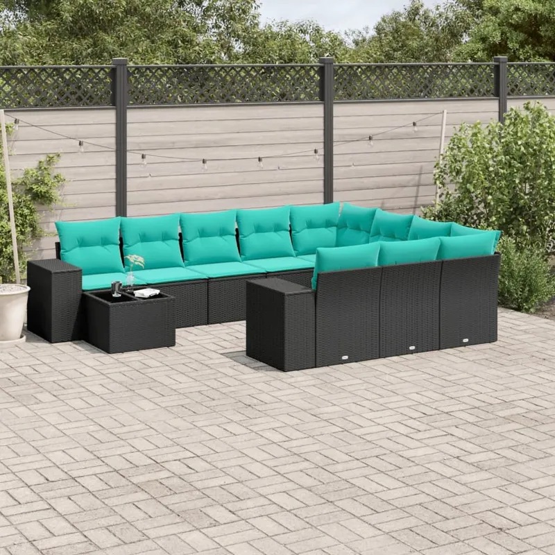 Ensemble de canapé de jardin 11 pcs avec coussins noir résine tressée