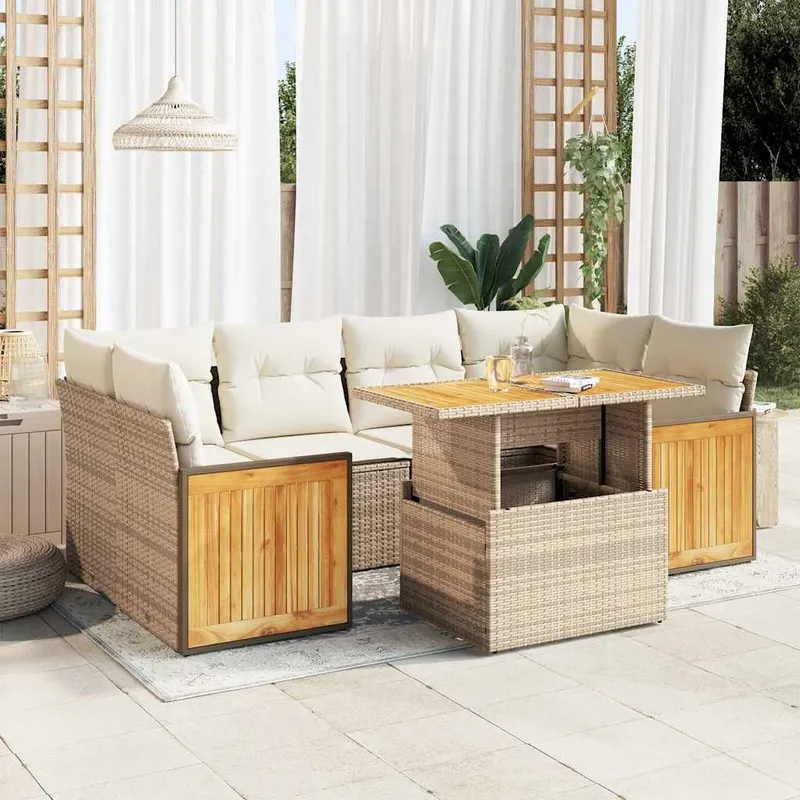 7-tlg. Garten-Sofagarnitur mit Kissen Beige Poly Rattan Akazie