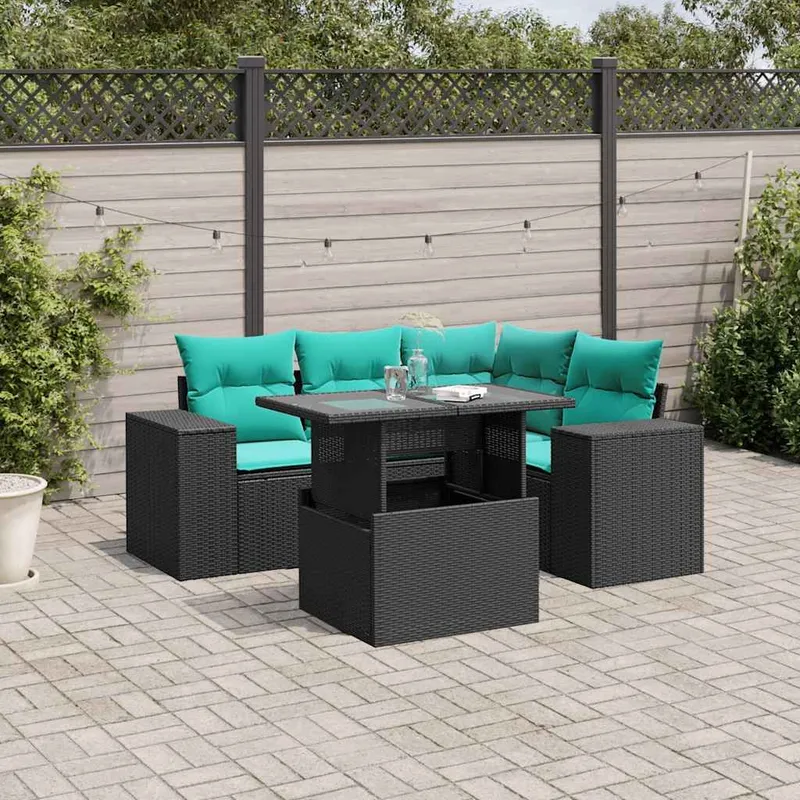 5-teiliges Gartensofa-Set mit Kissen, schwarzes Polyrattan