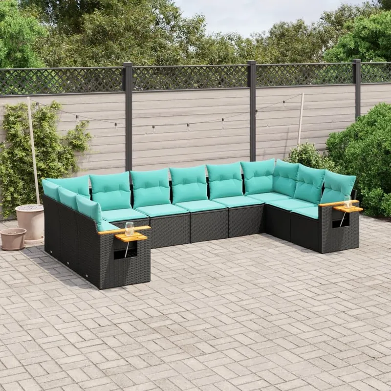 Salon de jardin 10 pcs avec coussins noir résine tressée