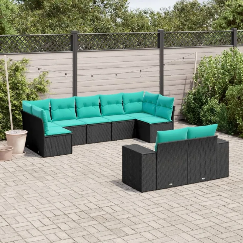 Salon de jardin 9 pcs avec coussins noir résine tressée