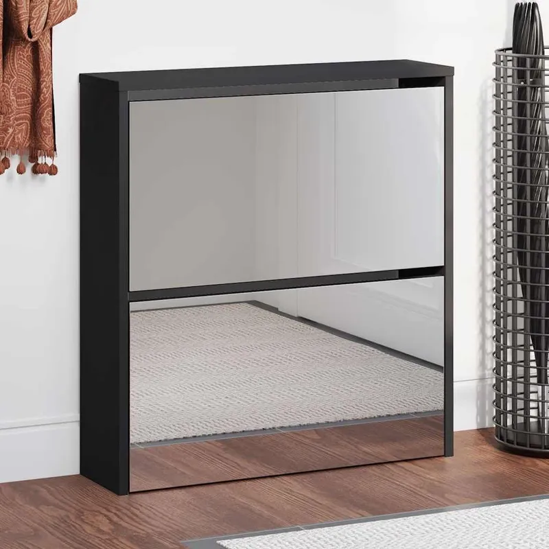 Schuhschrank mit Spiegel 2 Fächer Schwarz 63x17x67 cm