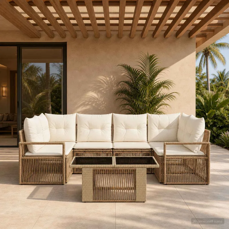 Gartensofa-set 7 stk. Beige und Cremeweiß Poly-Rattan
