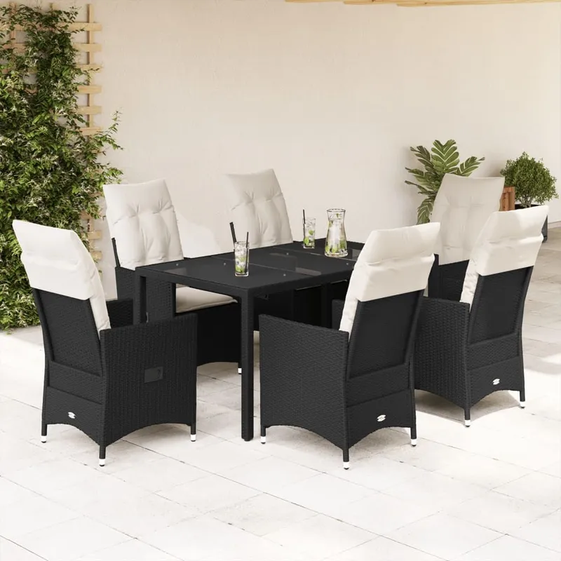 7-tlg. Garten-Essgruppe mit Kissen Schwarz Poly Rattan