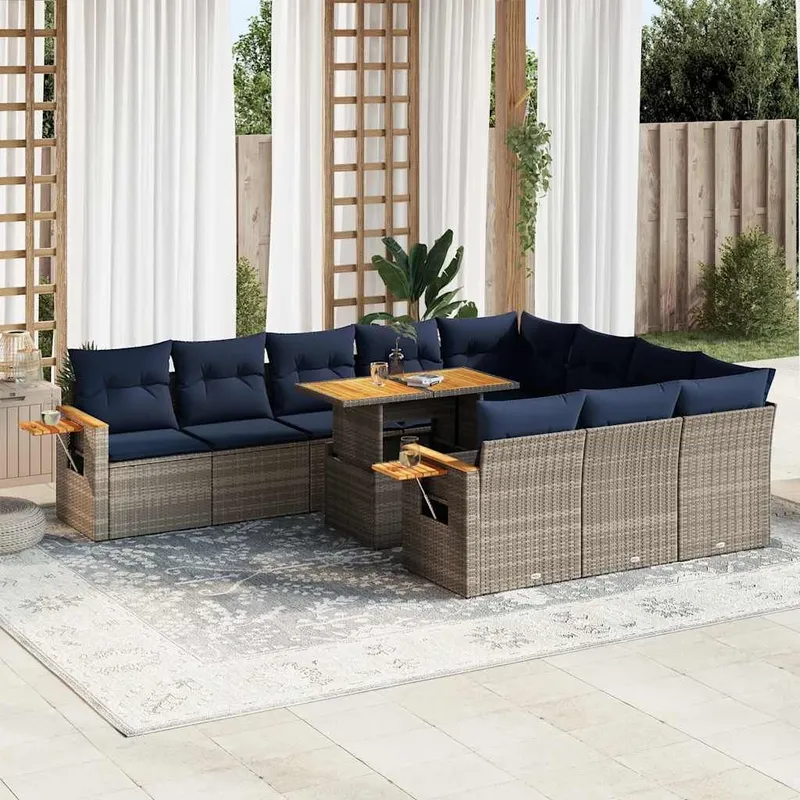 11-tlg. Garten-Sofagarnitur mit Kissen Grau Poly Rattan Akazie