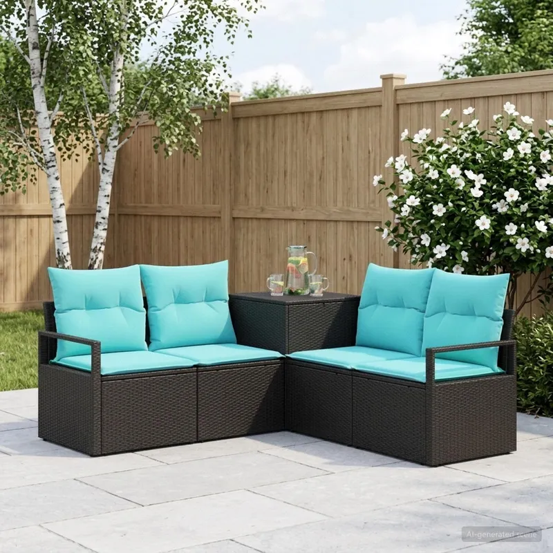 Sofa Set 5 stk. Schwarz und Blau Polyrattan und Stahl