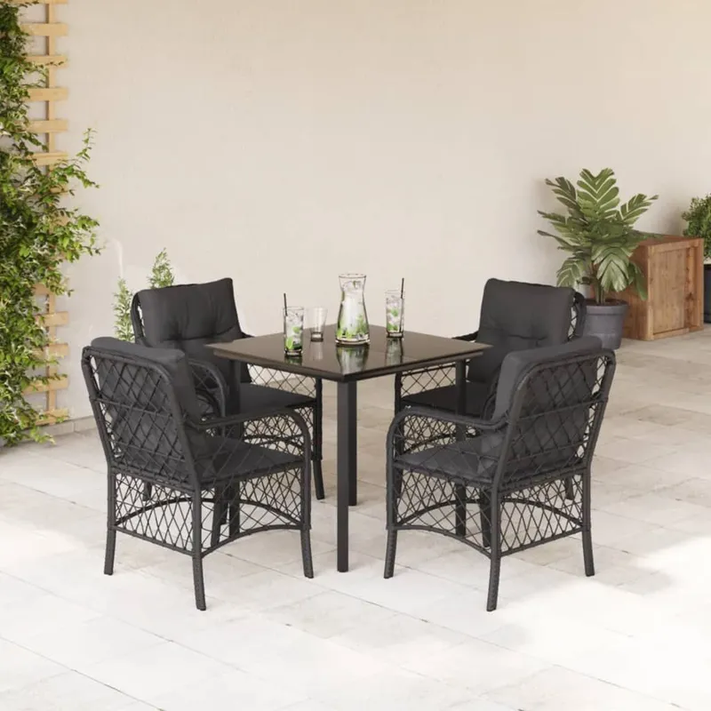 5-tlg. Garten-Essgruppe mit Kissen Schwarz Poly Rattan