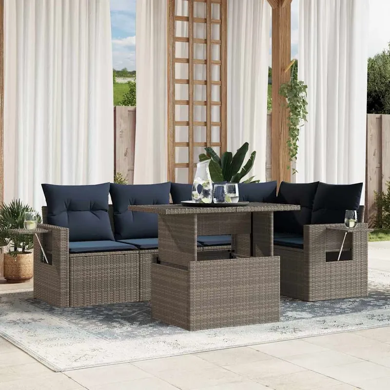 6-teiliges Gartensofa-Set mit Kissen, grau, Polyrattan