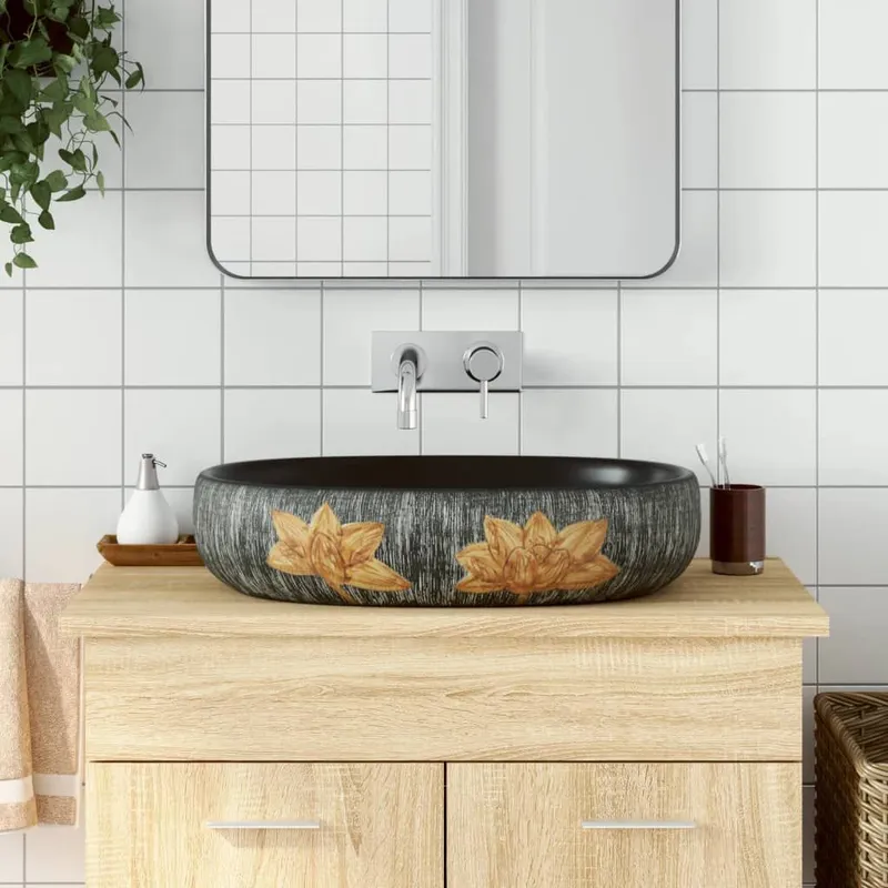 Aufsatzwashbasin grey and black Oval 59x40x14 cm Keramik
