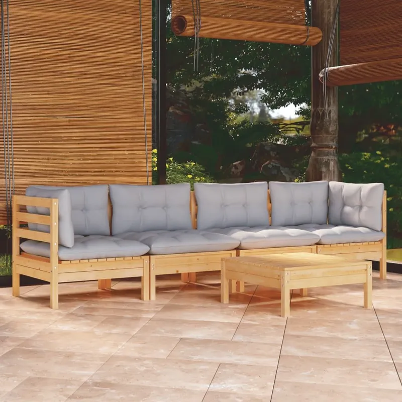 5-tlg. Garten-Lounge-Set mit greyen Kissen Kiefer Massivholz