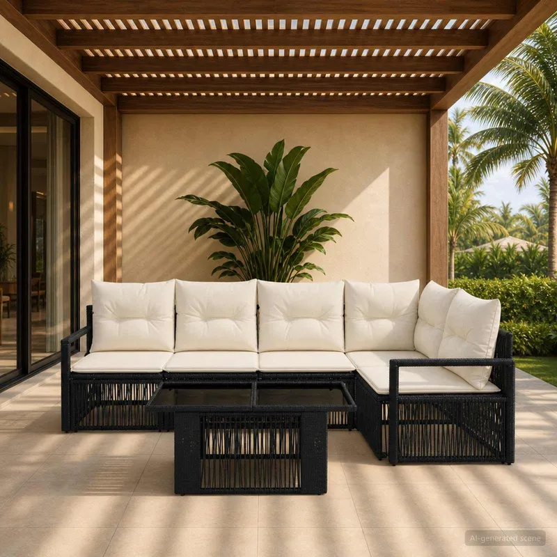 Gartensofa-set 6 stk. Schwarz und Cremeweiß Poly-Rattan