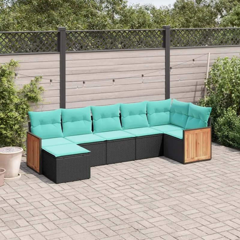 Salon de jardin 7 pcs avec coussins noir résine tressée