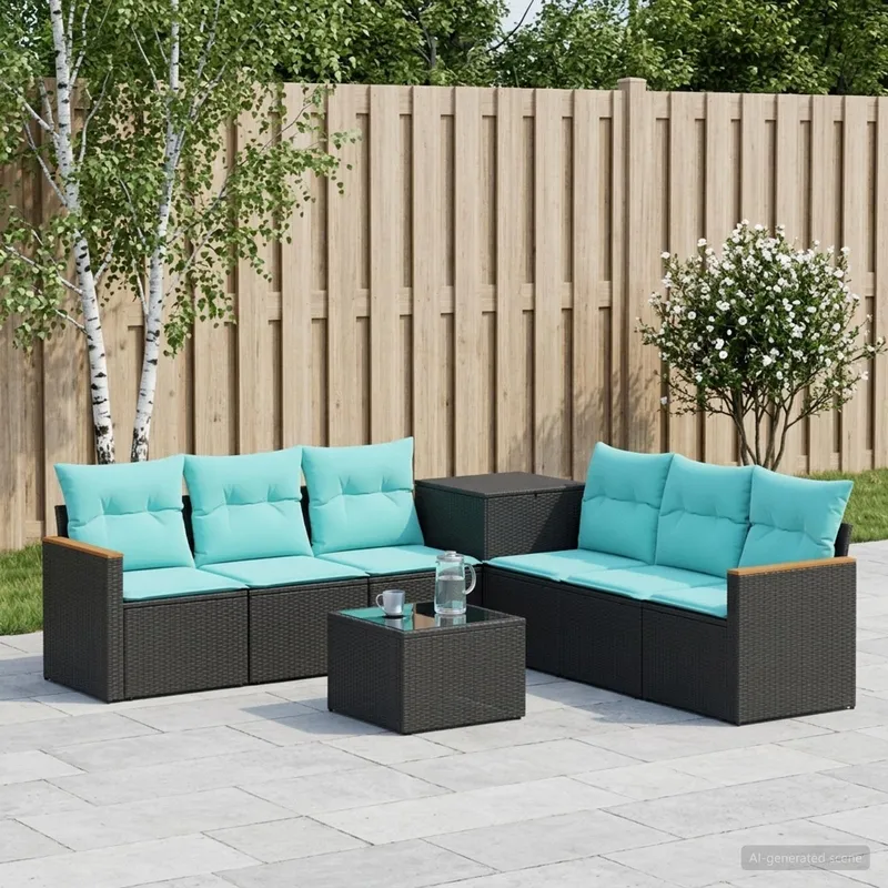 Sofa Set 8 stk. Schwarz und Blau Polyrattan und Stahl
