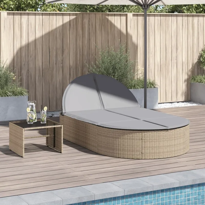 Doppel-Sonnenliege mit Auflagen Beige Poly Rattan