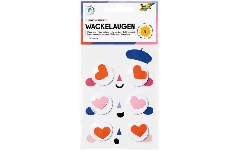 Folia Wackelaugen Hearts, Ø 30 mm, 6 Stück