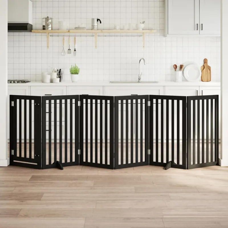 Barrière pour chiens et porte 6 panneaux noir bois de peuplier