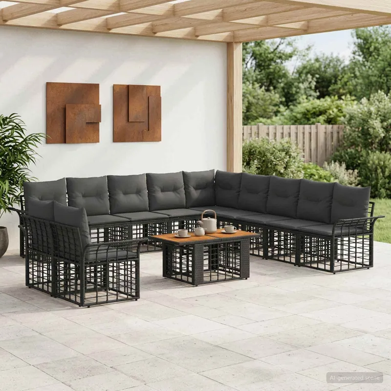 set divano da giardino 12 pz. nero e grigio scuro polyrattan