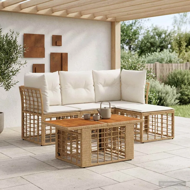 set divano da giardino 5 pz. naturale e Cremweiß polyrattan