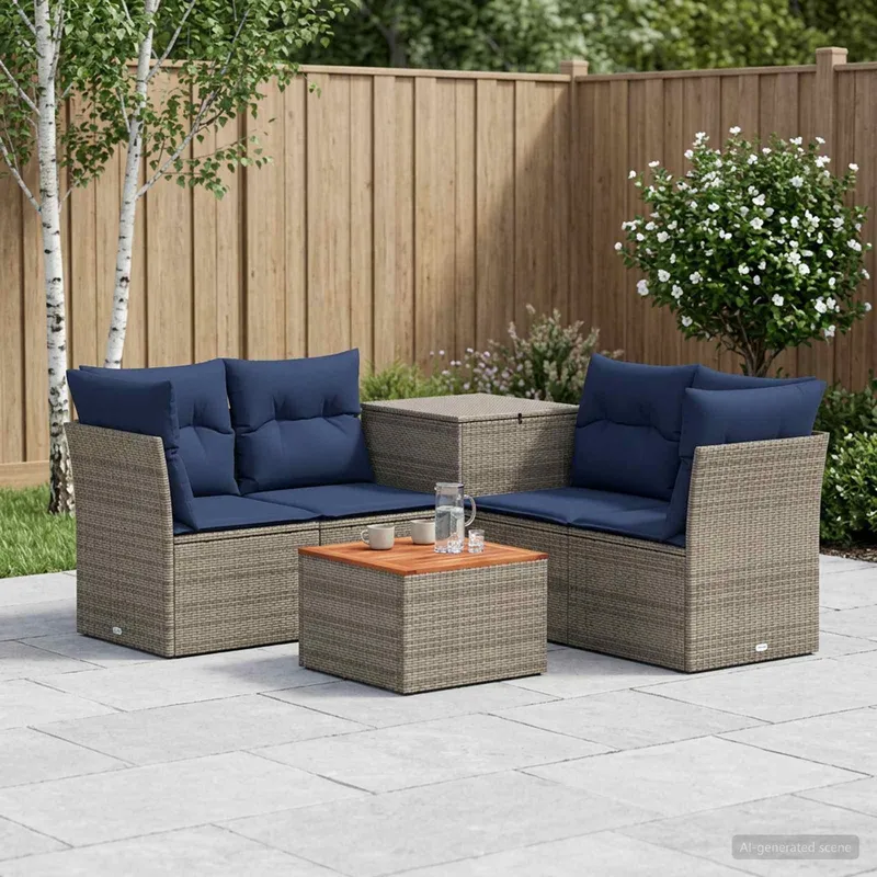 divano Set 6 pz. grigio e Marineblau polyrattan e acciaio