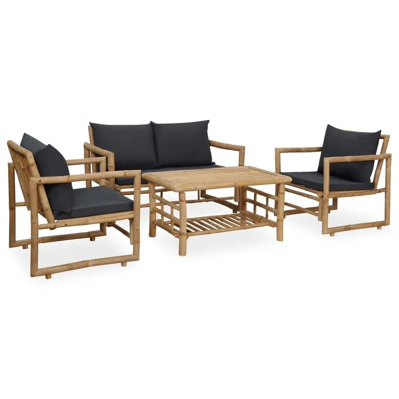 4 pz. Garten-Lounge-Set con Auflagen Bambus