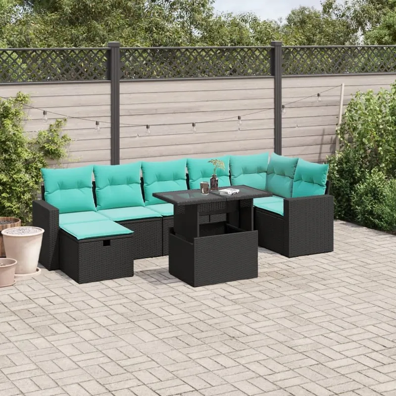 8-teiliges Gartensofa-Set mit Kissen, schwarzes Polyrattan