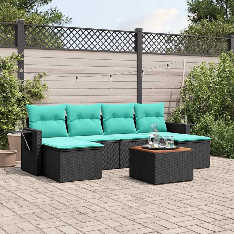 7-teiliges Gartensofa-Set mit Kissen, schwarzes Polyrattan